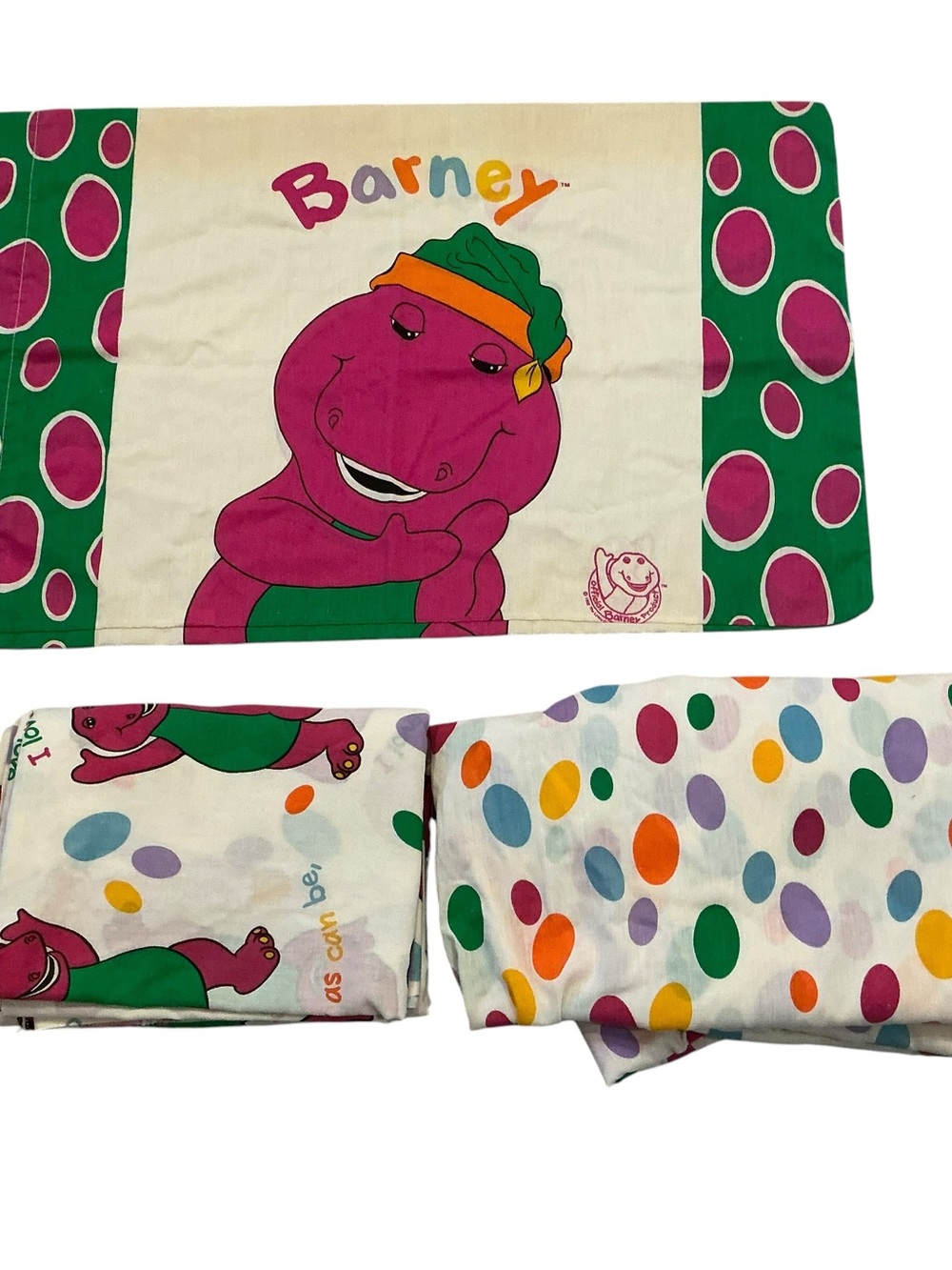 Vtg 1992 Barneys purple dinosaur twin size bed sheet flat ,fitted and pillowcase